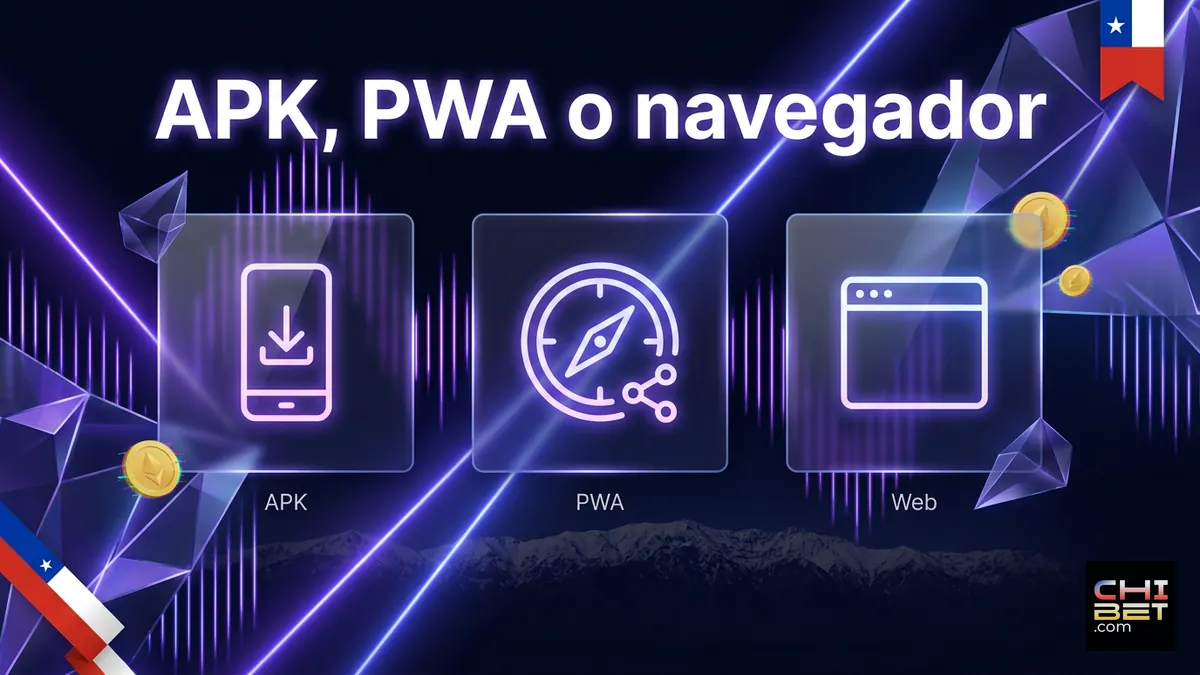 Tres paneles comparando APK, PWA y navegador para acceder a Chibet en Chile
