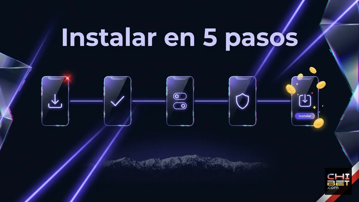 Secuencia de cinco pasos iluminados en neón para instalar el APK de Chibet en Android