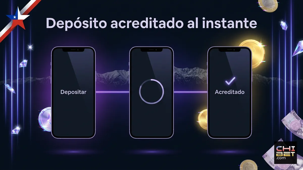 Tres pantallas de depósito en Chibet Chile mostrando el proceso hasta la acreditación instantánea