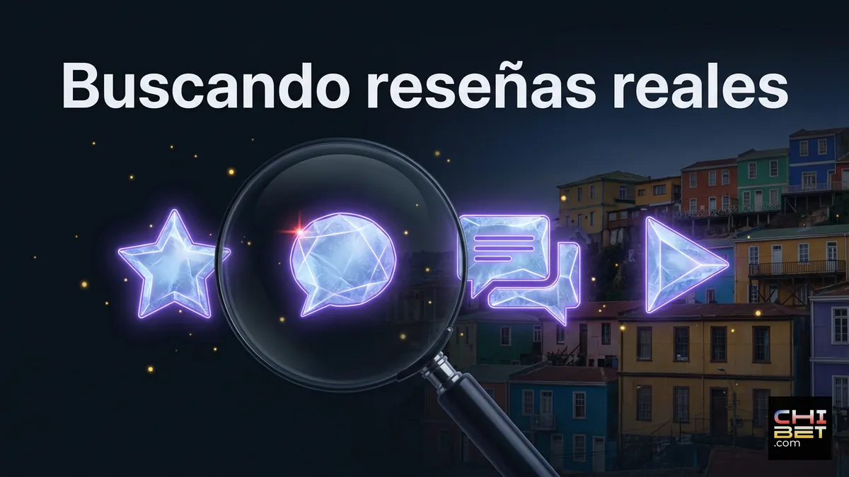 Lupa de cristal neón examinando cuatro iconos de canales de opinión sobre Chibet, con cerros de Valparaíso de fondo.