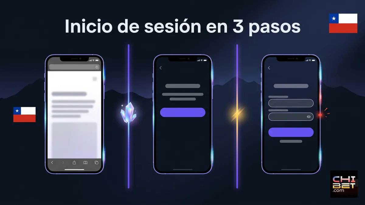 Secuencia de tres pantallas de celular que muestra cómo iniciar sesión en el sitio oficial de Chibet en tres pasos